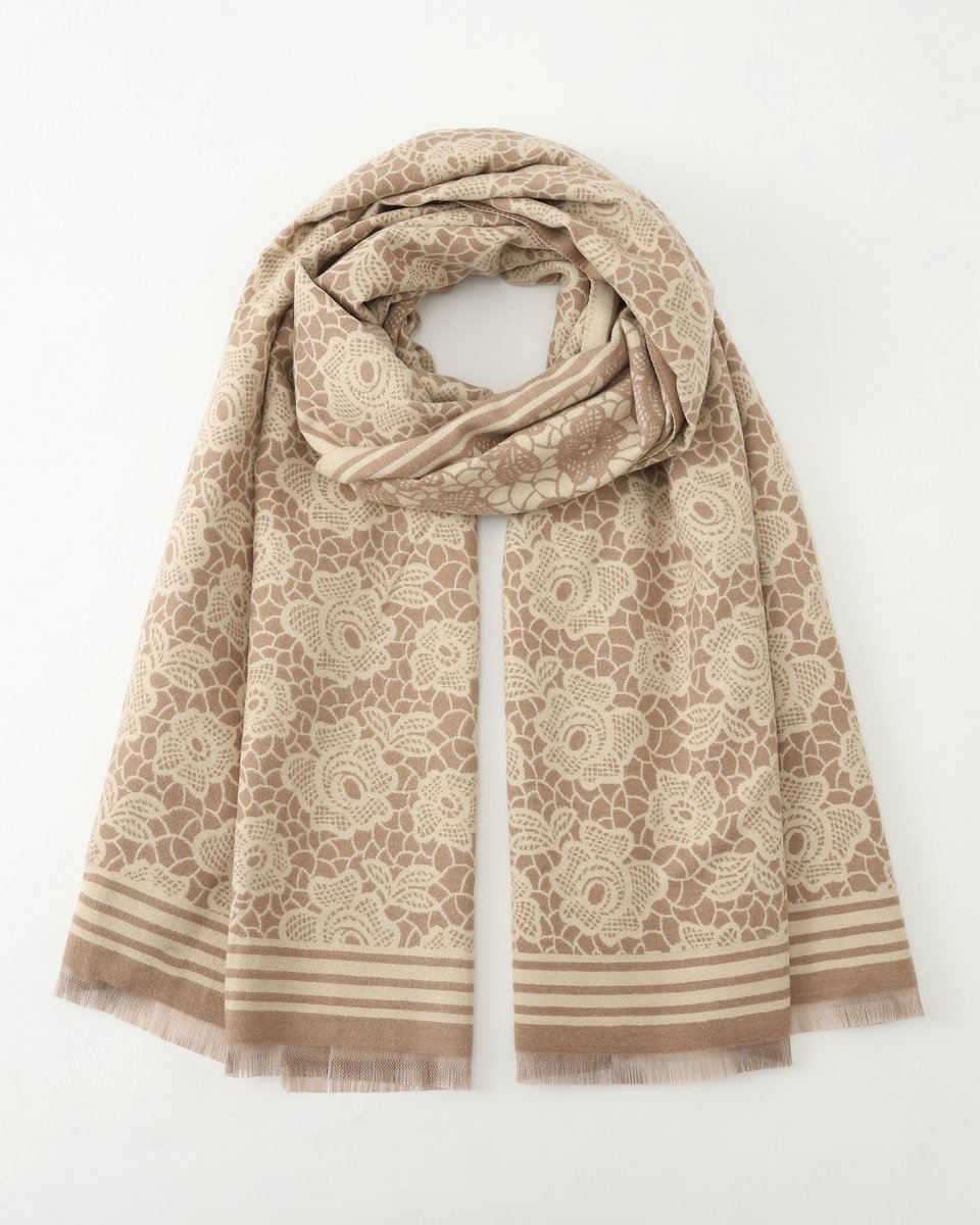 Nouka - Dikke Winter Sjaal - Bloemen Patroon - Herfst Kleuren - Cremekleurig - Beige - Cadeau voor Vrouwen - 65 x 180 cm