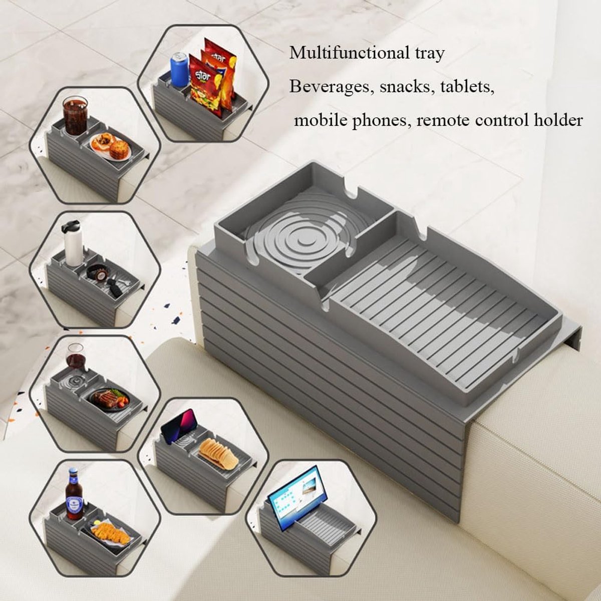 SnelShoppen - Silicone Armsteun Organizer met Bekershouder, Smartphone en Tablet Houder, Niet-slip, Blauw, Ideaal voor Bank, Sofa, Thuisgebruik