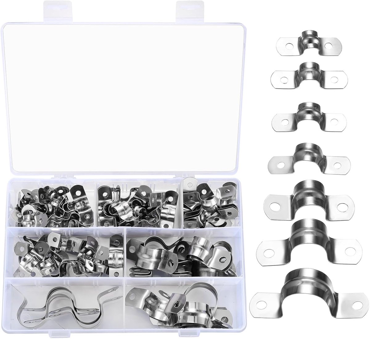 SnelShoppen - 90Pcs RVS U Vormige Buisklemmen Bevestigingsklem, 2 Gat Buishouder Slangklem Bevestigingen voor Buizen, 8mm 10mm 12mm 14mm 16mm 20mm 25m