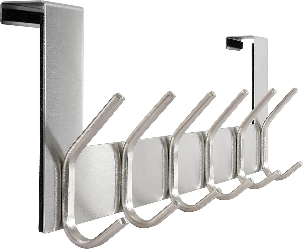 SnelShoppen - Deurhanger RVS met 6 Haken, Deurhaak voor Deur tot 2 cm, Zilveren Deurhaken voor Jassen, Kleding en Handdoeken, Ideaal voor Thuisgebruik