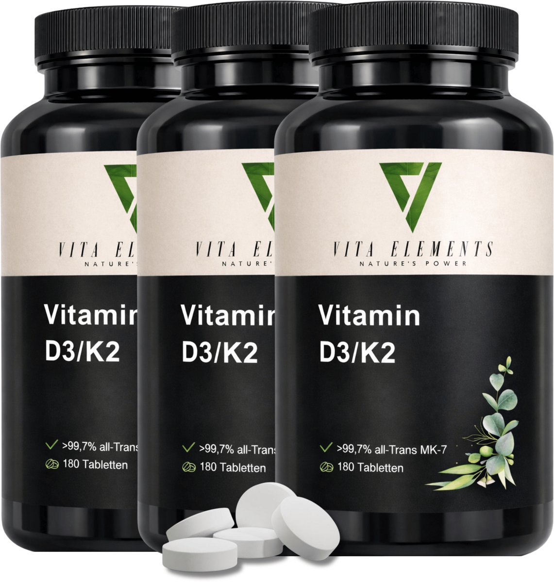 Vita Elements Vitamine D3 K2-tabletten Laboratoriumgetest in Duitsland Voedingssupplement Vegan Vrij van genetisch gemodificeerde ingrediënten Zonder onnodige toevoegingen 180 tabletten Set van 3