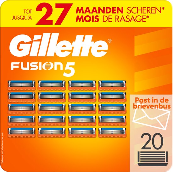Gillette Fusion5 scheermesjes in oranje verpakking. 20 stuks, goed voor 27 maanden scheren.