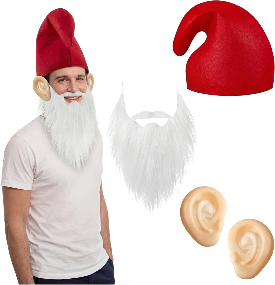 Volwassen Dwarf Kostuum Set met Rode Dwarf Muts, Witte Dwarf Baard en Nepoor Oren voor Carnaval, Halloween en Kerstmis