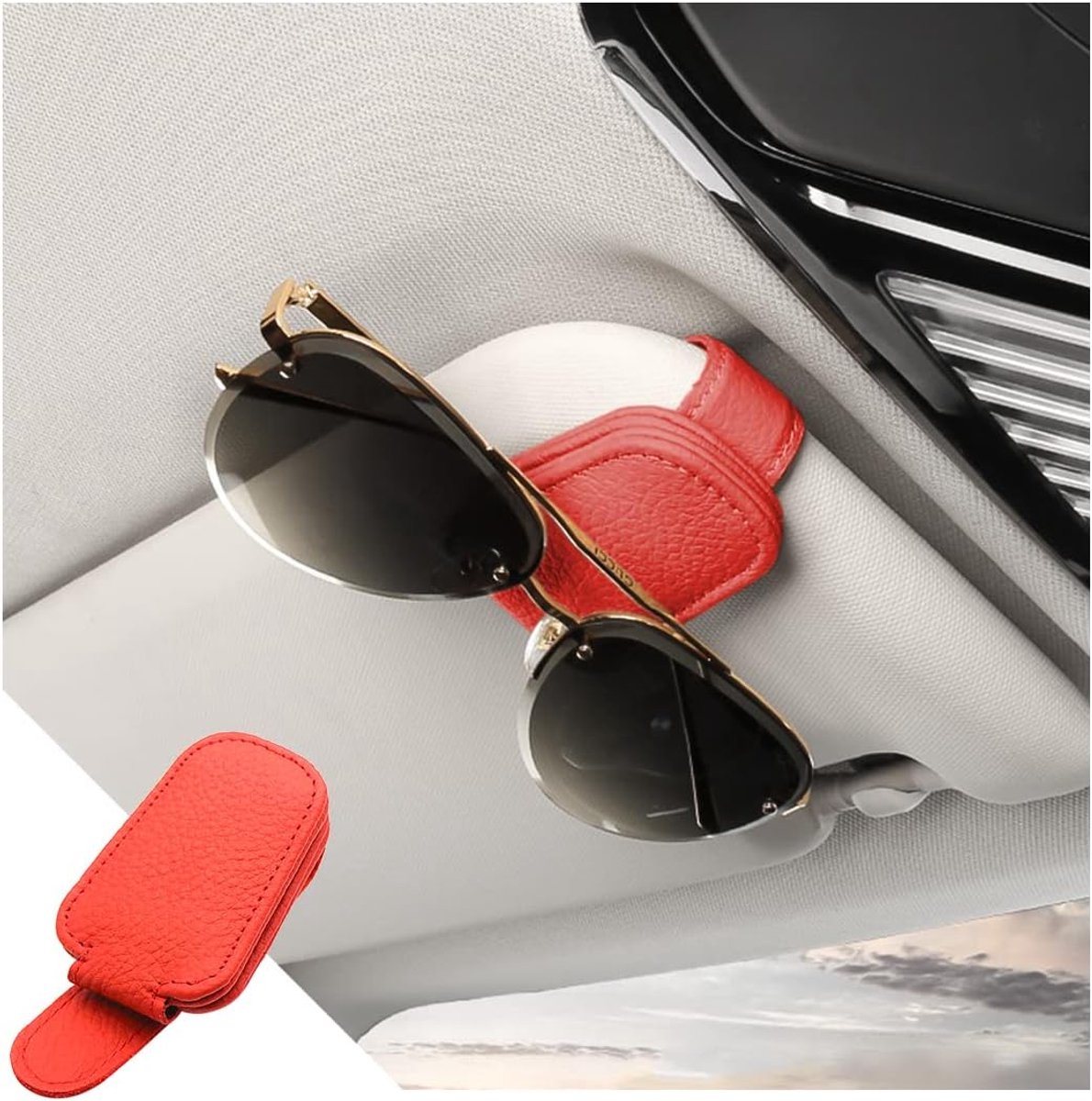 SnelShoppen - Car Glasses Case, Zonnebrillen Houder, Visor, Ticket Kaart Clip, Leer, Magnetische Universele Zonnebrillen Beugel, Auto Accessoires (Roo
