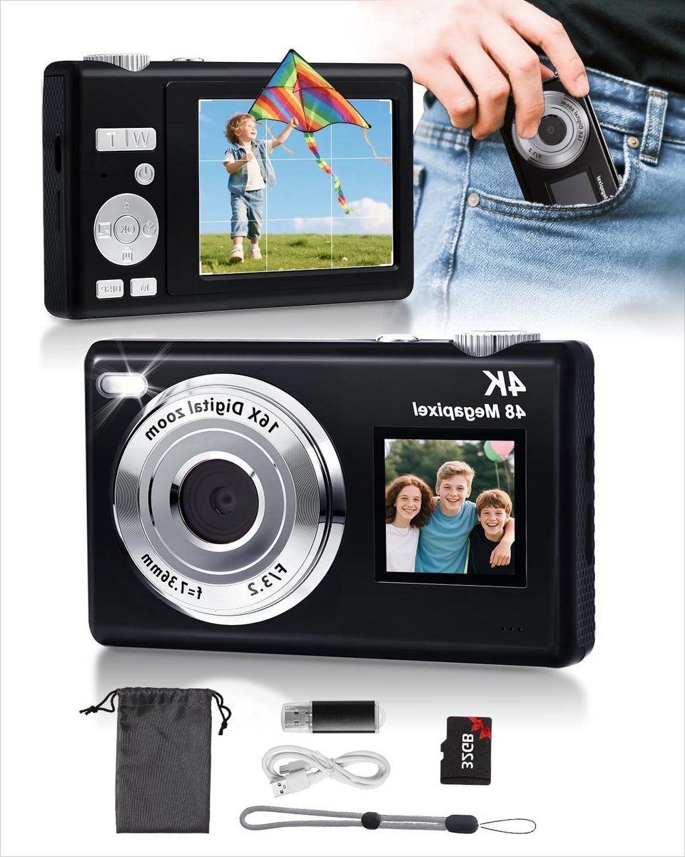 Digitale Camera - Vlog Camera - Kinderen Leren Fotografie - Dubbel Scherm - 4K 48MP - Zwart