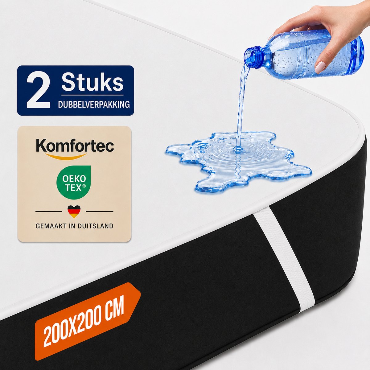 Komfortec Set van 2 Waterdichte Matrasbeschermers 200x200 cm Dubbelpak - Matrasbeschermhoes - Ademende Matrashoes - Niet Krakende Matrasbeschermer - Incontinentiemateriaal - Wit