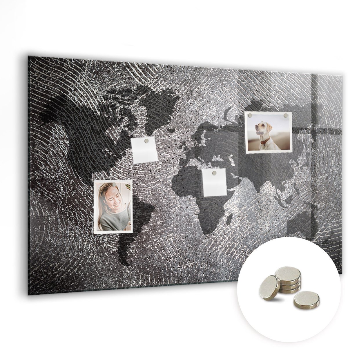 Coloray Glazen Magneetbord - Magnetisch Bord Concrete wereldkaart - 90x60 cm - Grijs Magneetbord - Magnetic Board - Magneetbord Design