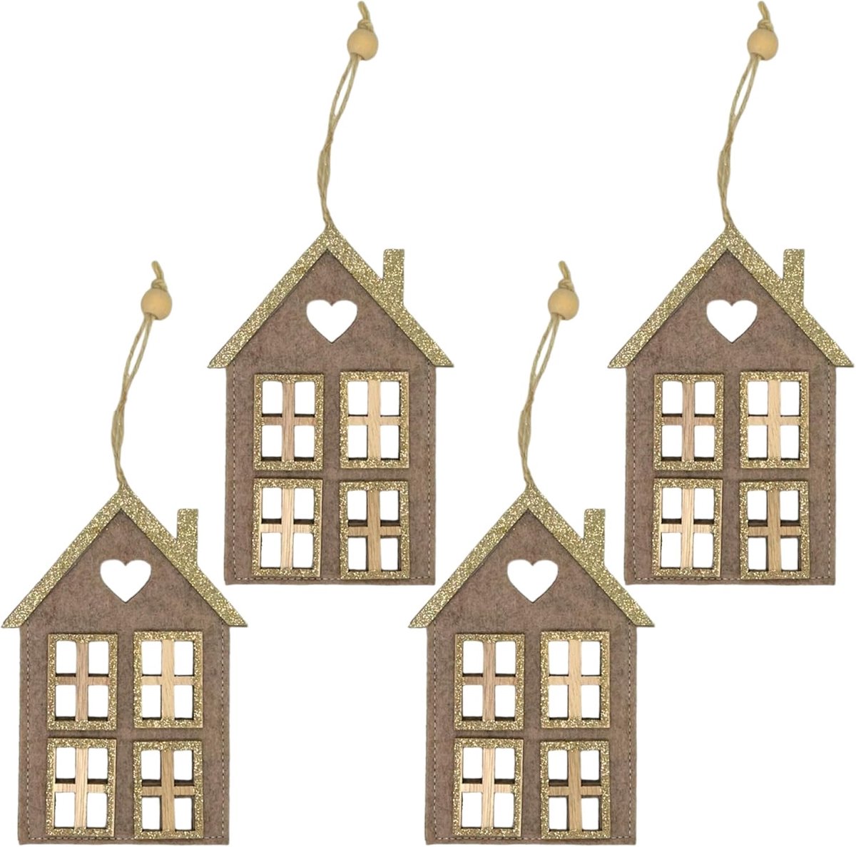 SnelShoppen - Set van 4 Kersthangers van Vilt, XL Decoratie voor de Kerstboom, Robuuste Gevoerde Huizen met Houten Elementen en Glitter, Lichtbruin, 1