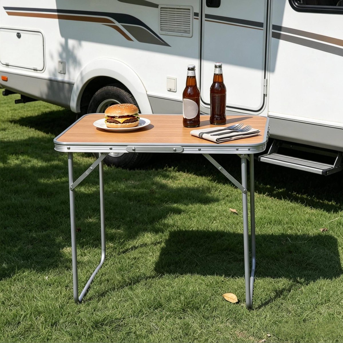 COVREO Campingtafel 70 x 50 x 60 cm, eiken, aluminium en MDF, opvouwbaar