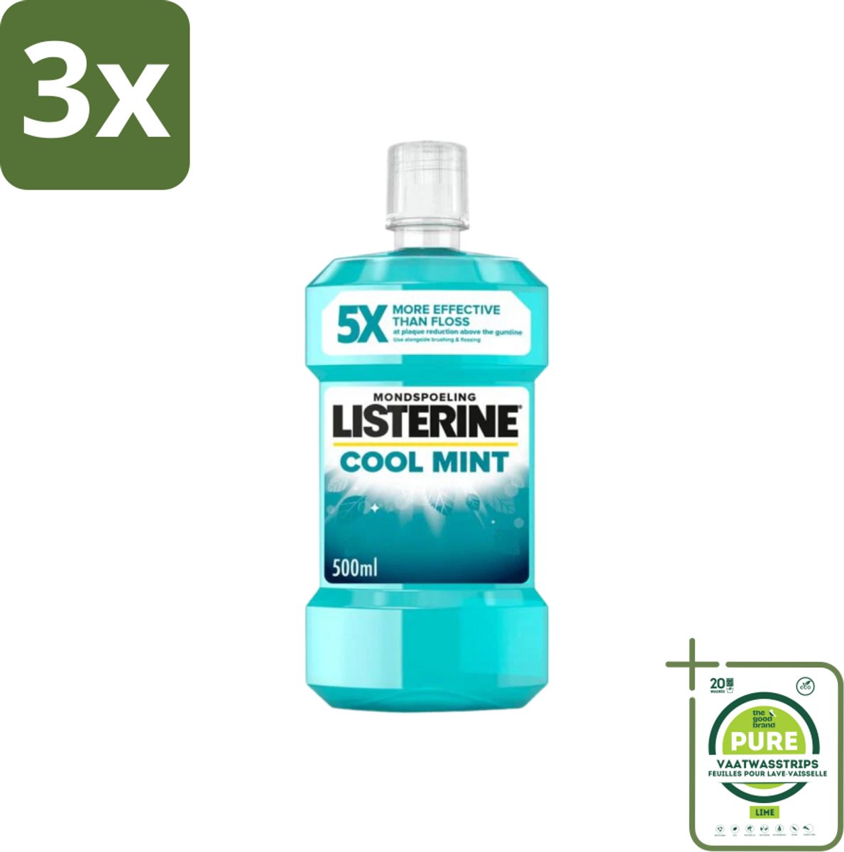 3 x Listerine – Mondwater – Cool Mint – Verfrissende adem – 500 ml - Grootverpakking - Mondwater - Mondhygiëne - Tandplak - Tandvlees - Adem