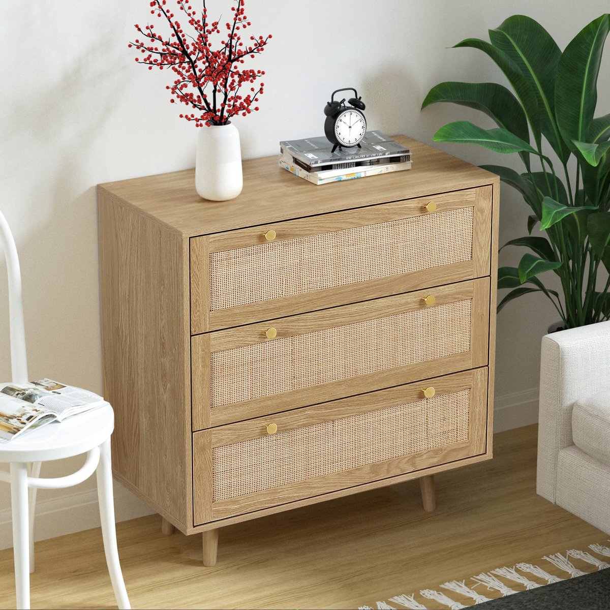 SnelShoppen - Natuurlijke rotan commode slaapkamer met 3 schuifladen, eiken ladekast met veel opbergruimte voor slaapkamer, woonkamer, hal, modern ont