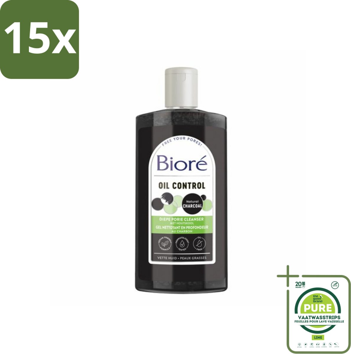15 x Bioré – Houtskool Reinigingsgel – Gezichtsreiniger – 200 ml - Grootverpakking - Gezichtsreiniger - Houtskool - Diepe Reiniging - Vet Huid - Gecombineerde Huid