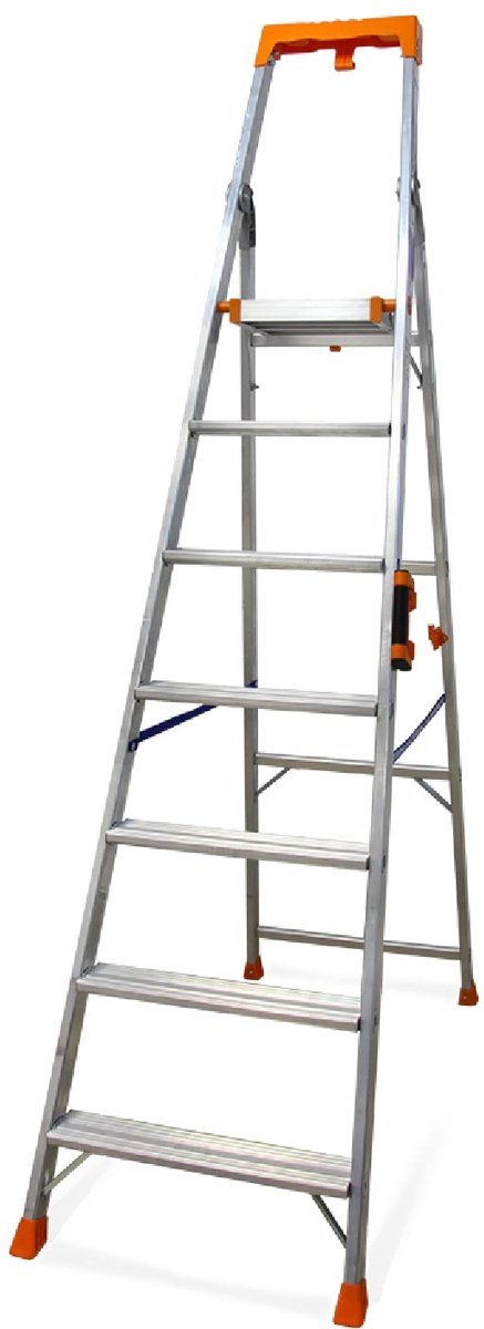 SnelShoppen - Opvouwbare ladder 7 treden, aluminium ladder, stevige opstapkruk, professionele kwaliteit, comfortabele draaggreep, gereedschapshouder A