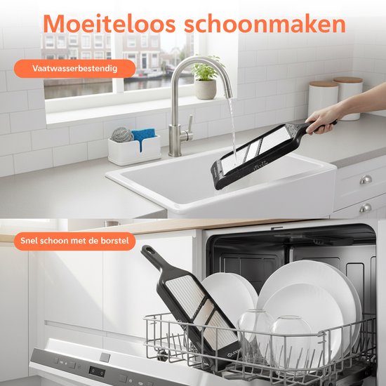Mandoline snijder wordt met de hand afgespoeld onder een kraan en staat in een vaatwasser. Vaatwasserbestendig.