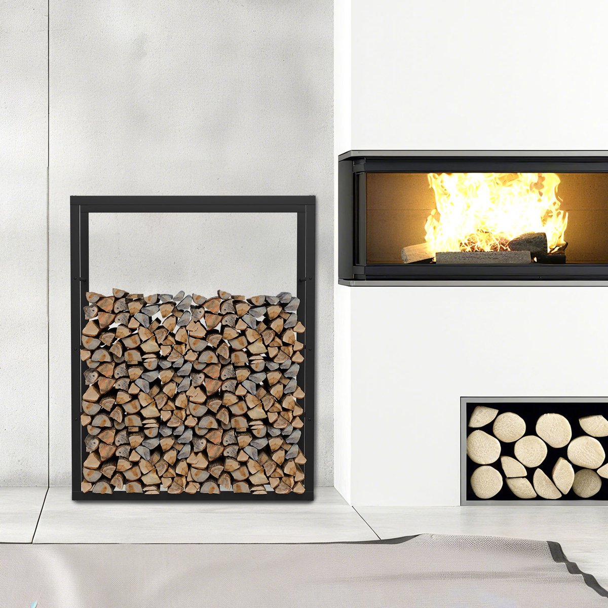 Brandhoutrek haardhoutrek van zwart metaal, 100 x 80 x 25 cm, draagvermogen 150 kg, geventileerde houtopslag met antislipvoeten