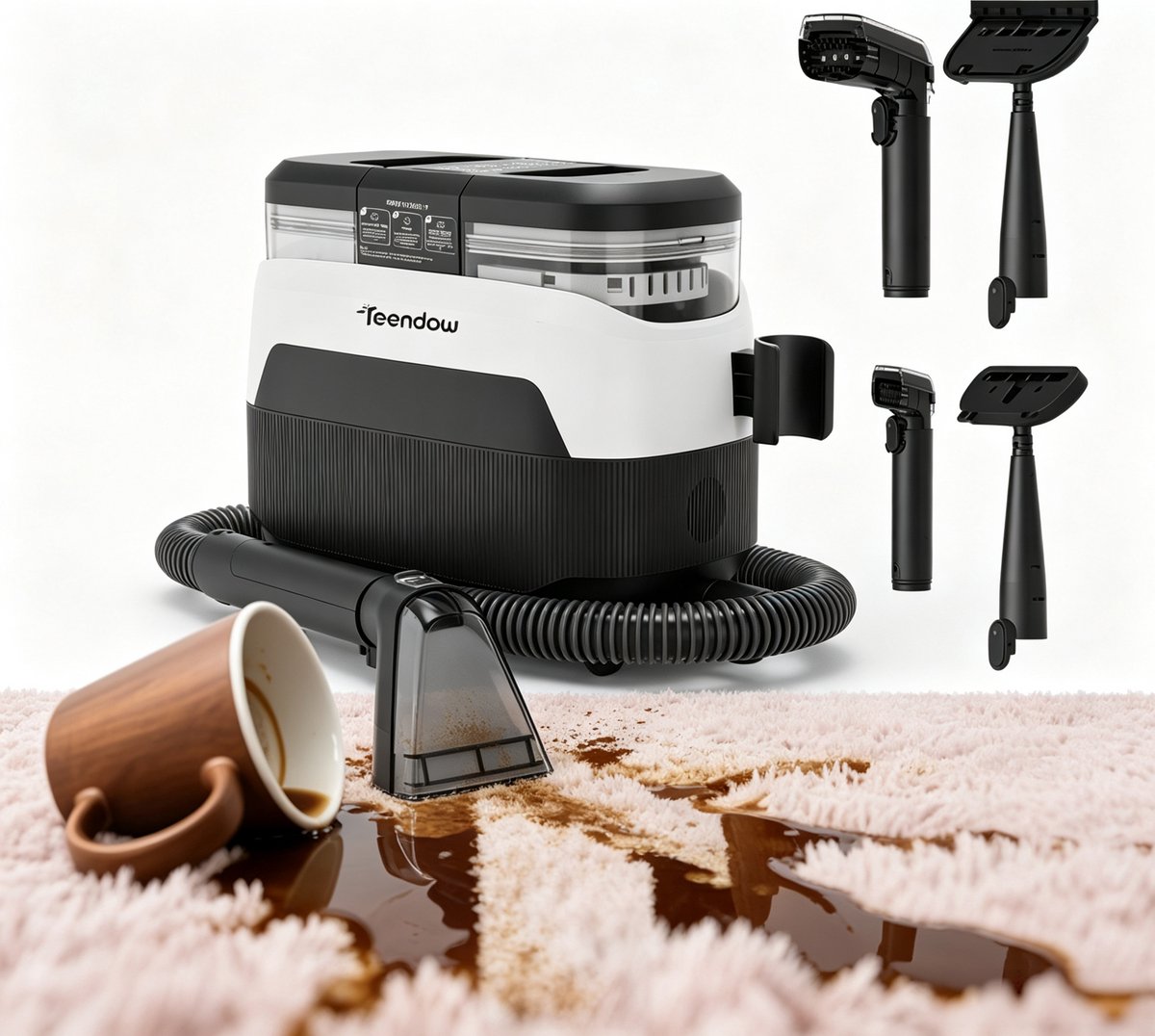 Teendow Tapijtreiniger met stoomfunctie - Textielreiniger – 1650W – 12000Pa zuigkracht ≥110°C stoom – Dubbele watertank – Complete accessoireset – Voor tapijt, bank, matras en auto – 338×232×285 mm – Wit/Zwart