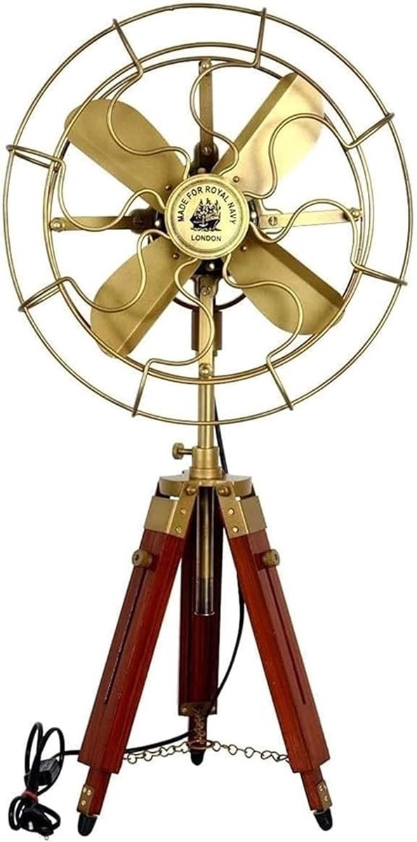 SnelShoppen - Standaard Antieke Driepoot Ventilator met Houten Stand - Decoratie voor Thuis, Woonkamer, Kantoor, Medium, Bruin