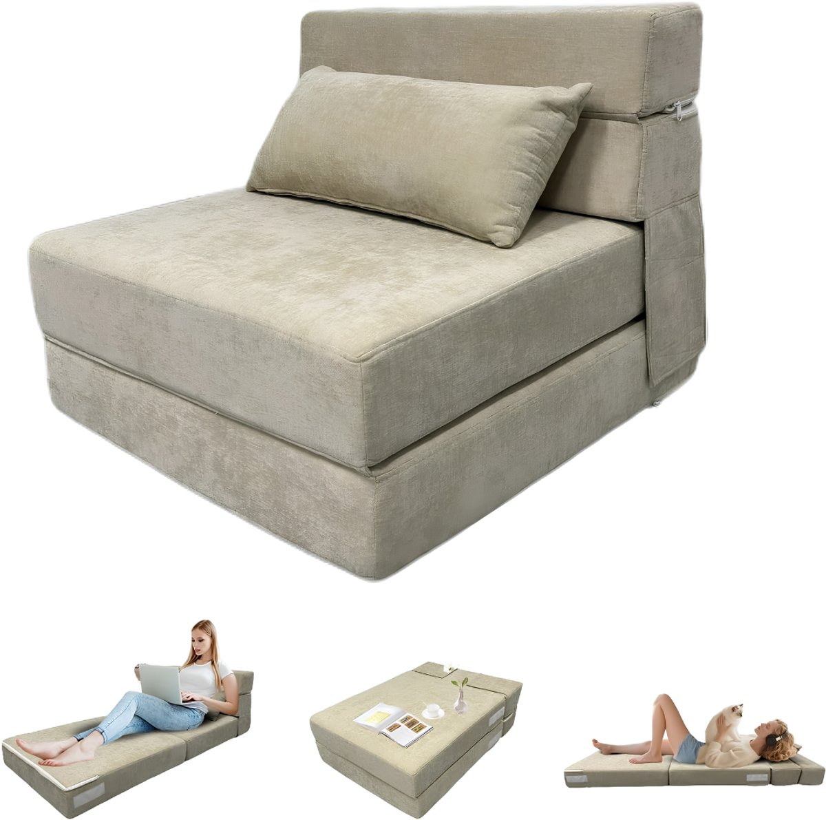 Lìon® Slaapstoel - Slaapbank - Logeerbed - Beige - 190cm x 70cm x 15cm