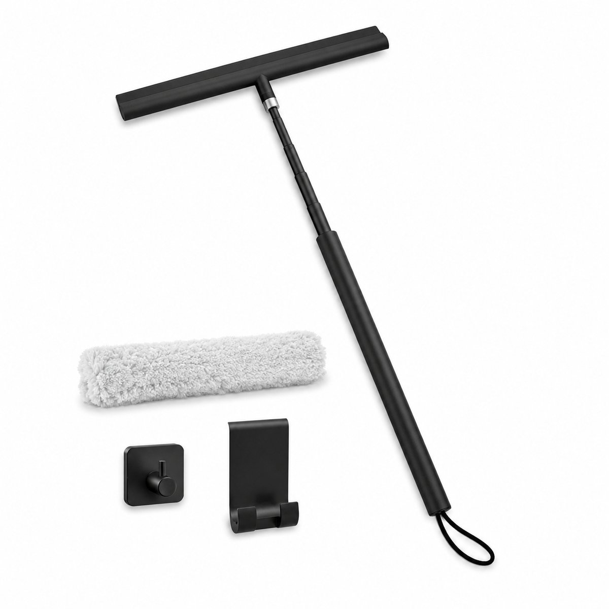 Telescopische Douchetrekker Set 30-120 cm - Streeploze Siliconen Raamwisser met Microvezel Doek en Ophanghaak voor Douchewand, Ramen en Auto - Zwart