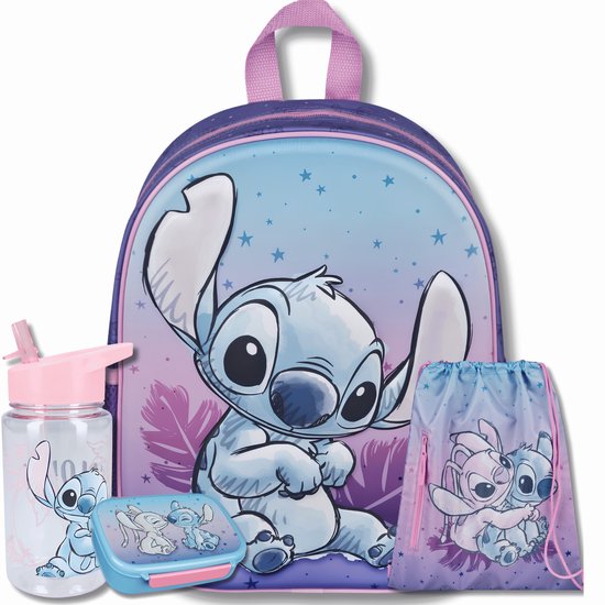 Paarse rugzak met Stitch-print, inclusief gymtas, lunchbox en drinkfles.