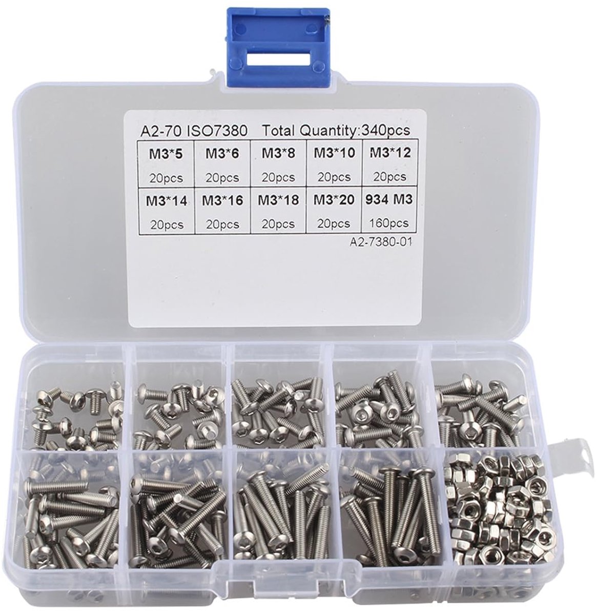 340pcs M3 Stainless Steel Hex Socket Screws and Nuts Assortment - ShopVlot