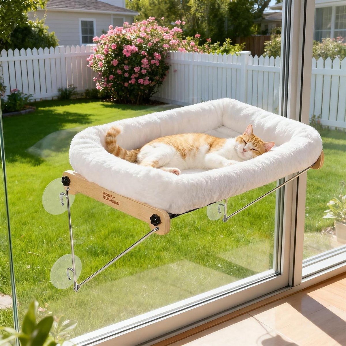 Cat Bed voor Raam met Omkeerbare Mat, Hangmat voor Katten tot 20 kg, Zonnebaden met Sterke Zuignappen en Houten Frame, Groot 54 x 32 cm