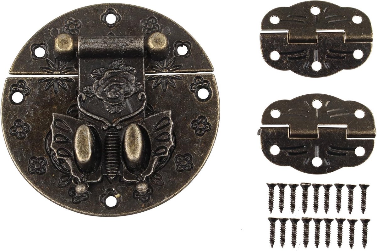 SnelShoppen - Antique Retro Lock voor Meubels, Sieraden en Dozen, Inclusief 2 Scharnieren met Schroeven, Gemaakt van Zinklegering, Kleur: Brons, 58x58