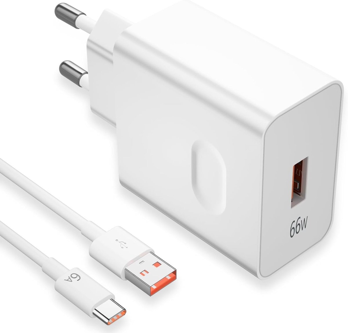 Krachtige 66 W Snellader met USB-C Oplaadkabel en Adapter voor Smartphones en Tablets, 6 A Snel Opladen