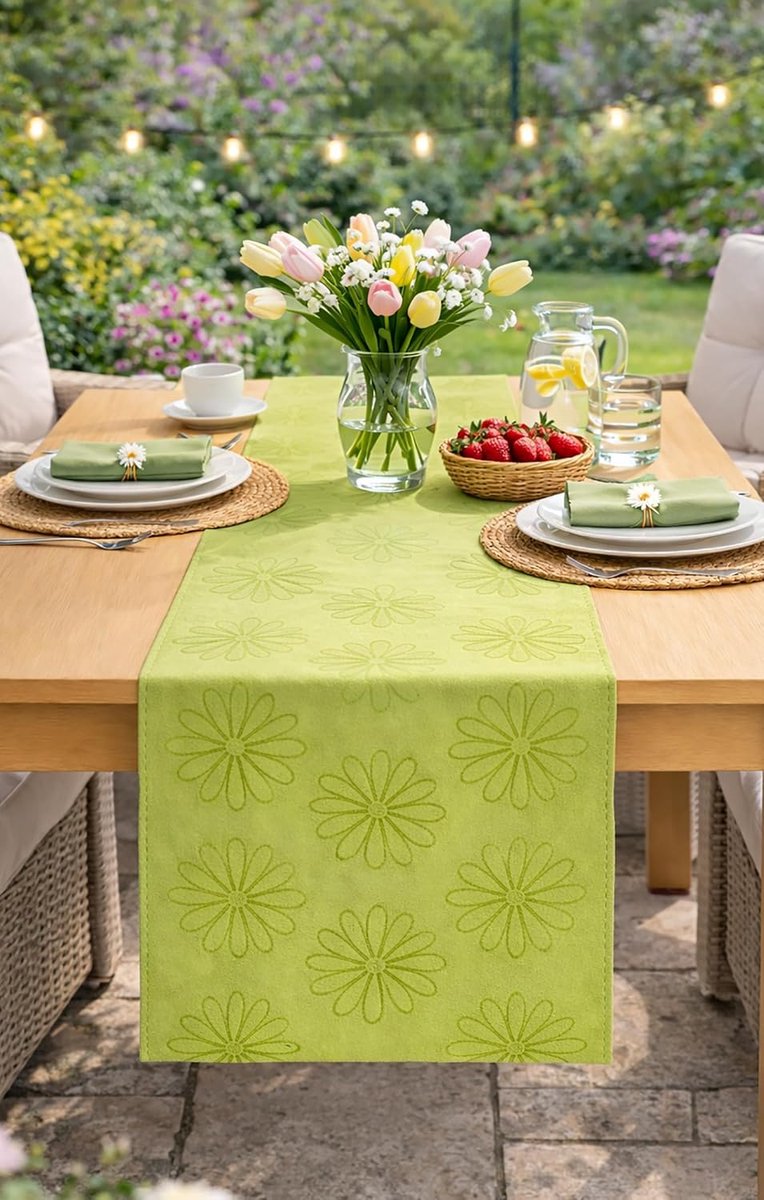 SnelShoppen - Tafelrunner Groene Bloemenzee 40x140cm - Hoogwaardige Polyester met Lotus Effect Vlekbescherming - Makkelijk Afneembaar voor Feest, Keuk