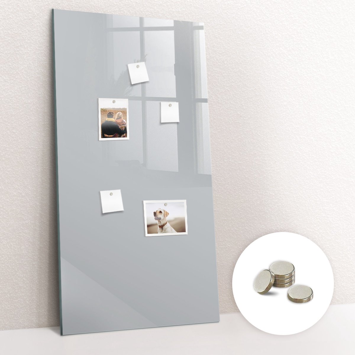 Tulup Glassboard - Lichtgrijze kleur Magneetbord - 60 cm x 120 cm - Foto Magneetbord - Wanddecoratie Kantoor - Magnetisch Bord Kind Lichtgrijs - Inclusief Gratis Magneten - Memobord Glas - Memo Bord