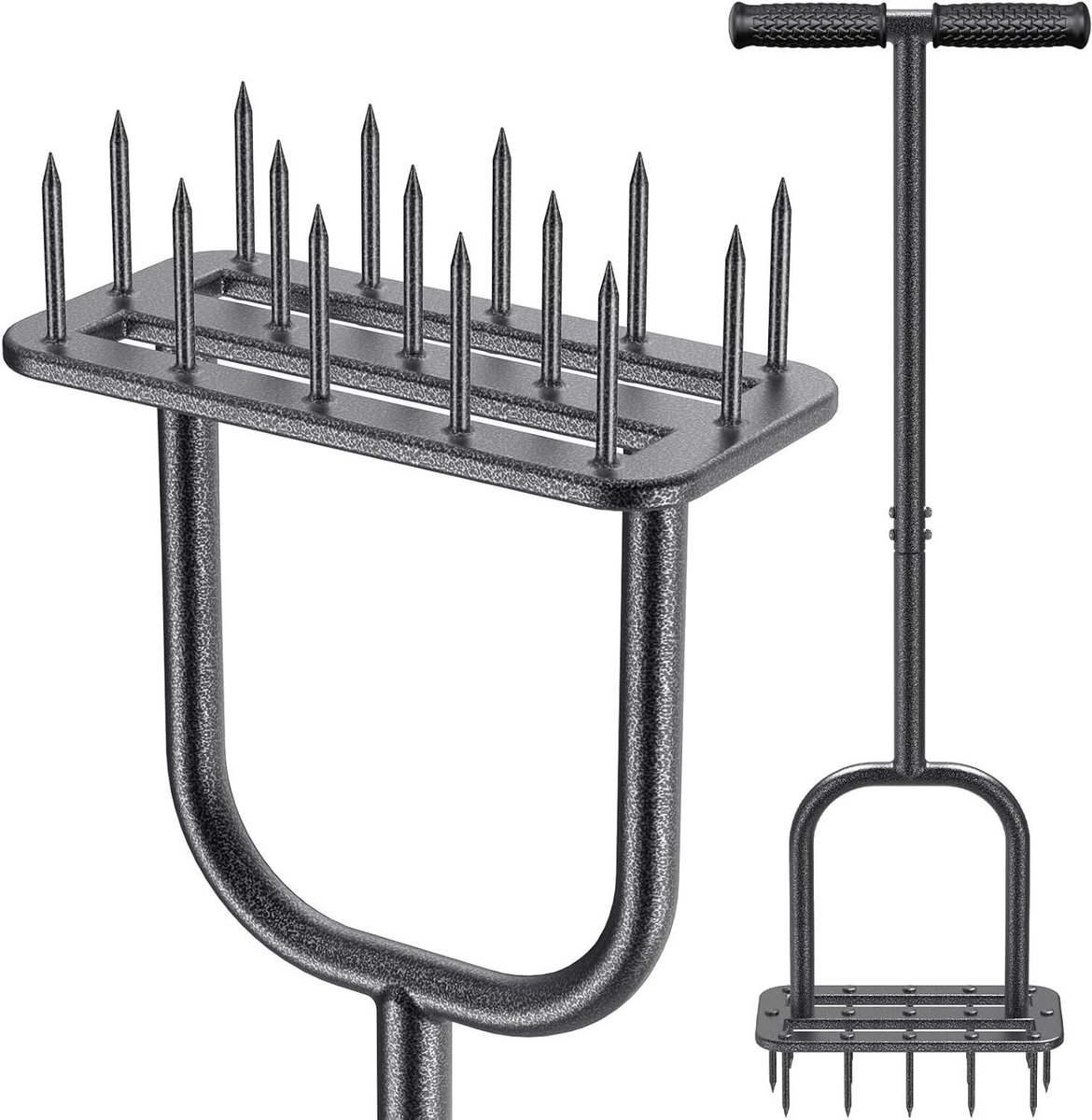 Gazonbeluchter Handmatig - Gras Ontluchter - Gazon Onderhoud - 15 Roestvrijstalen Spikes - 89 cm Lange Steel - Zwart