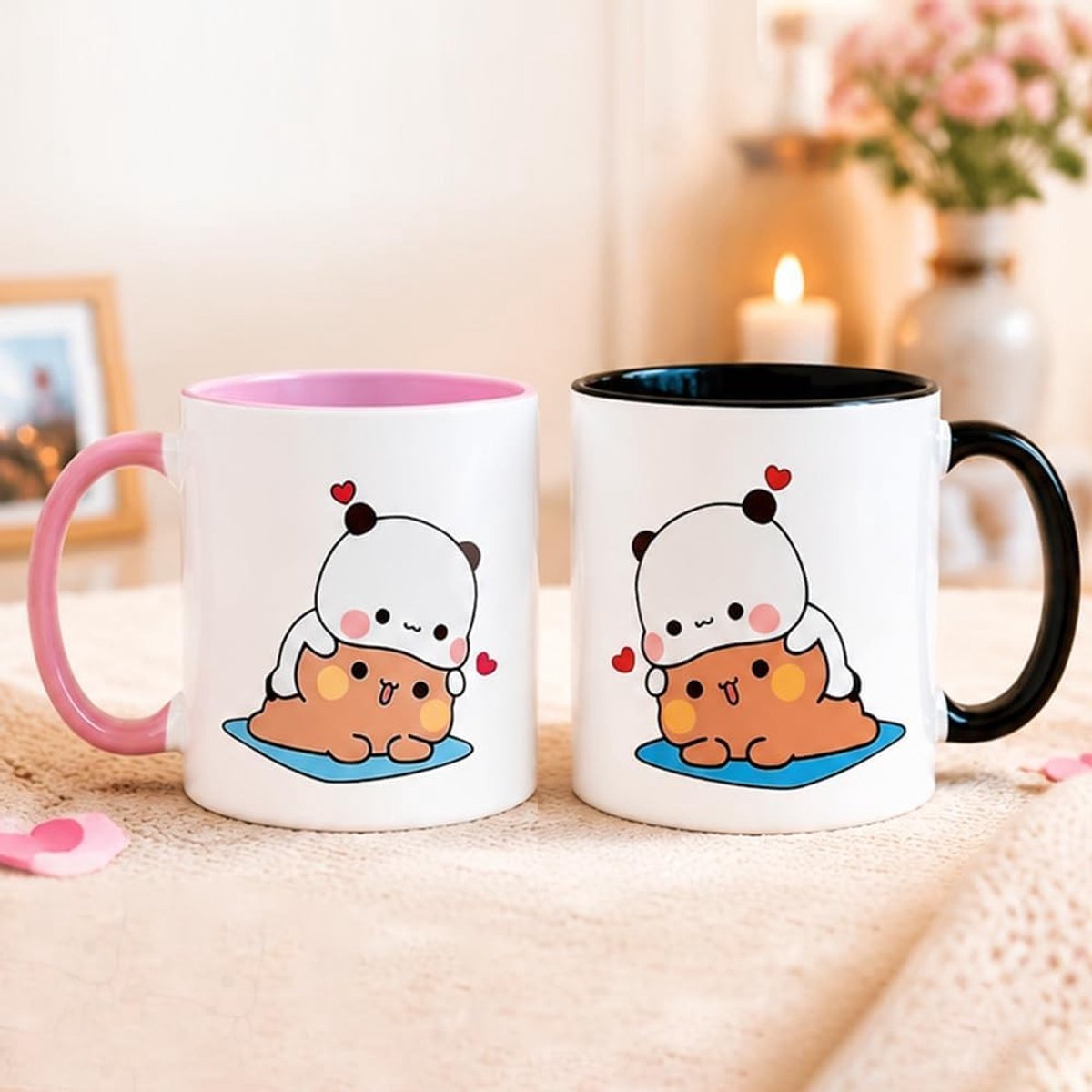 Grappige keramische mokken set van 2, 330 ml, met beer en panda, perfect voor thee, koffie en warme chocolade, leuk cadeau voor koppels en vrienden