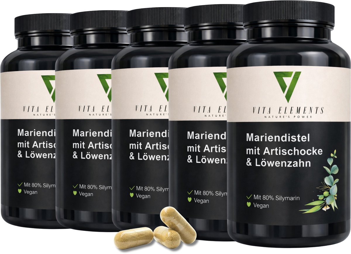 Vita Elements Mariadistel Artisjok Paardenbloem Capsules met Silymarine - Voedingssupplement voor de Lever - Veganistisch - 120 Capsules - GGO-vrij - Set van 5