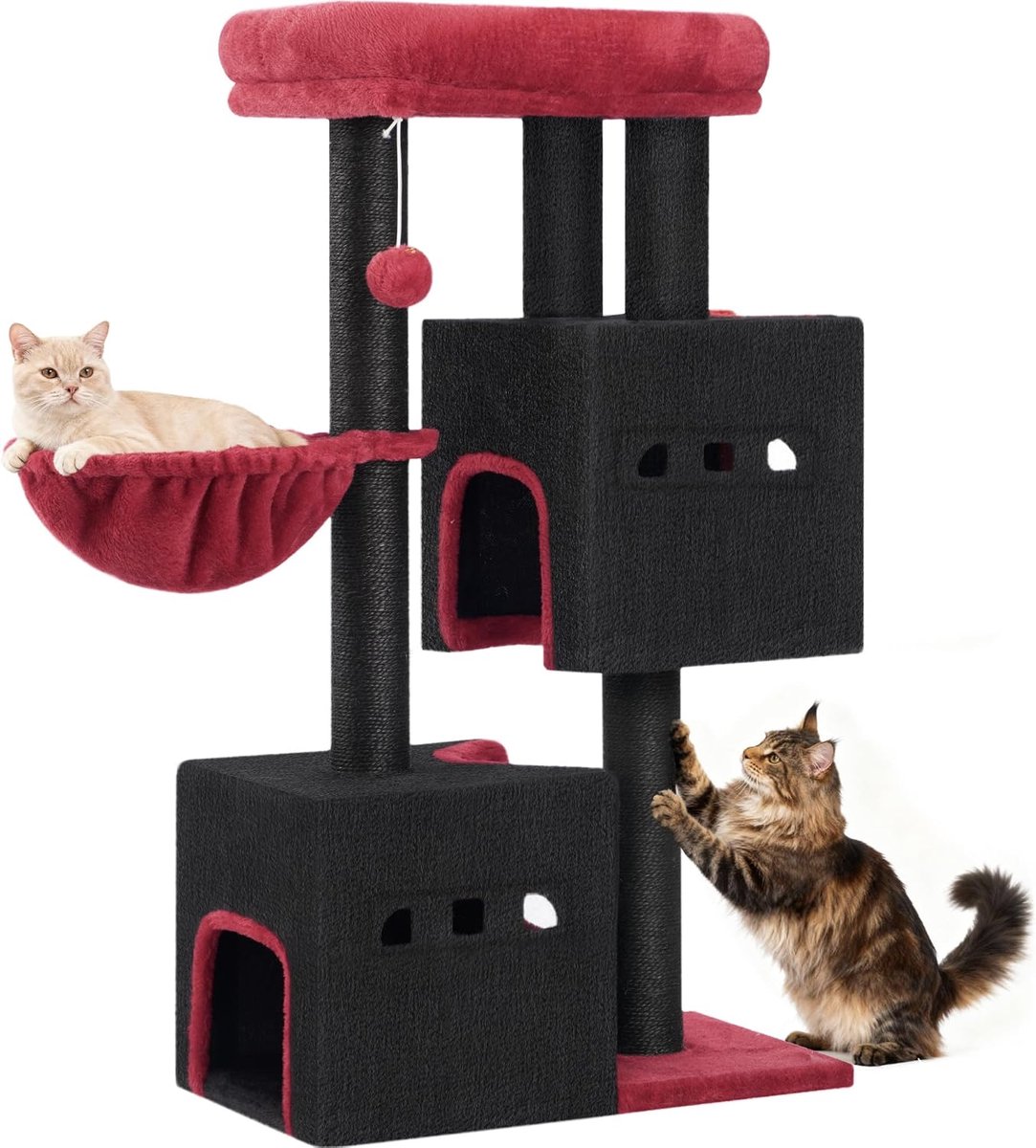 Hzuaneri 98 cm Krabpaal, kattenboom, kleine krabpaal met meerdere verdiepingen met zitstang, kattenhuismeubel met 2 holten, sisal kattenkrabpaal, hangmat, hol, Zwart Rood
