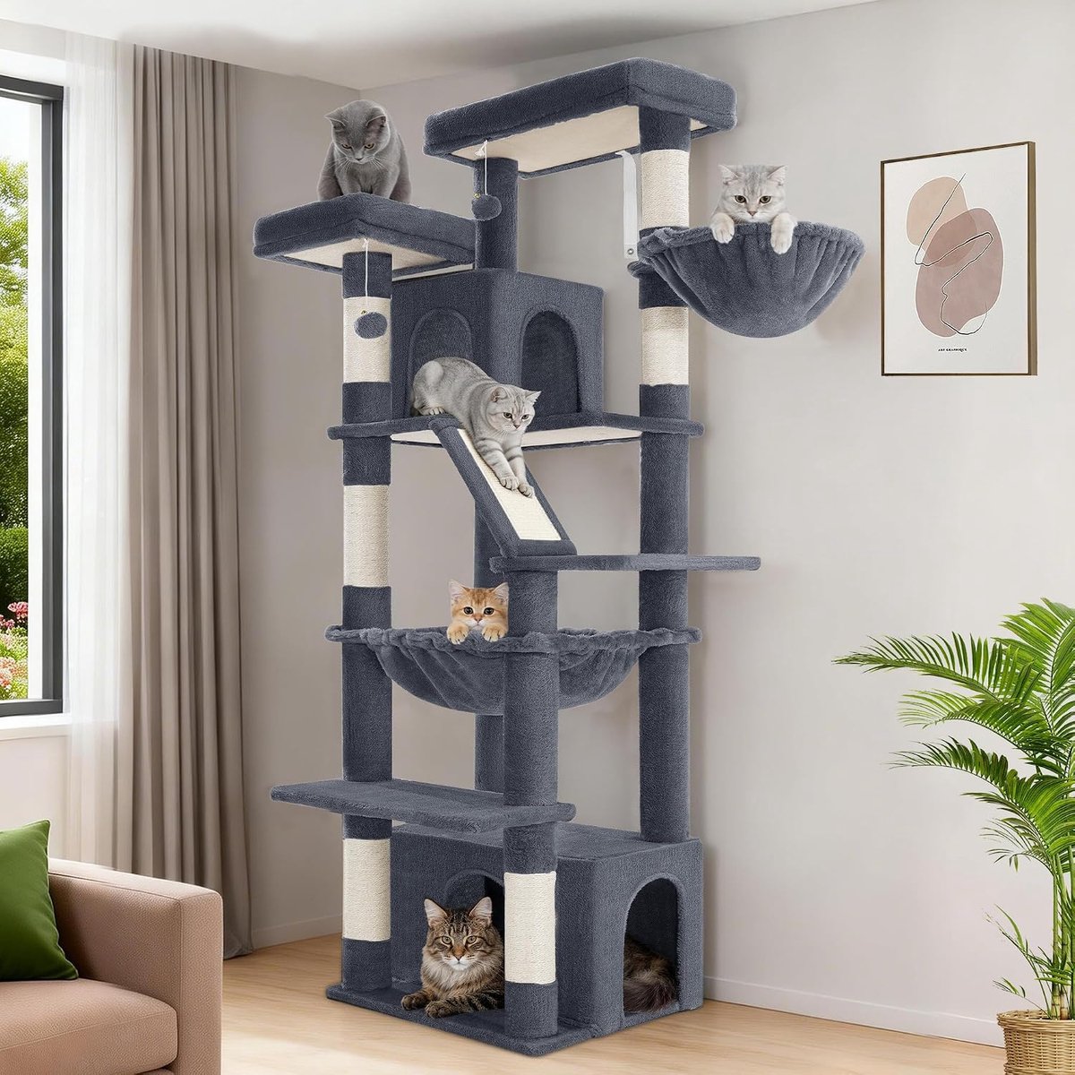 Hzuaneri Grote Krabpaal, 183 cm hoog, XL Krabpaal, 2 Platformen, 2 Holtes, 6 Krabpalen, Krabplank, Kattenmand, Hangmat, Geschikt voor Alle Kattenrassen, Maine Coon, Donkergrijs