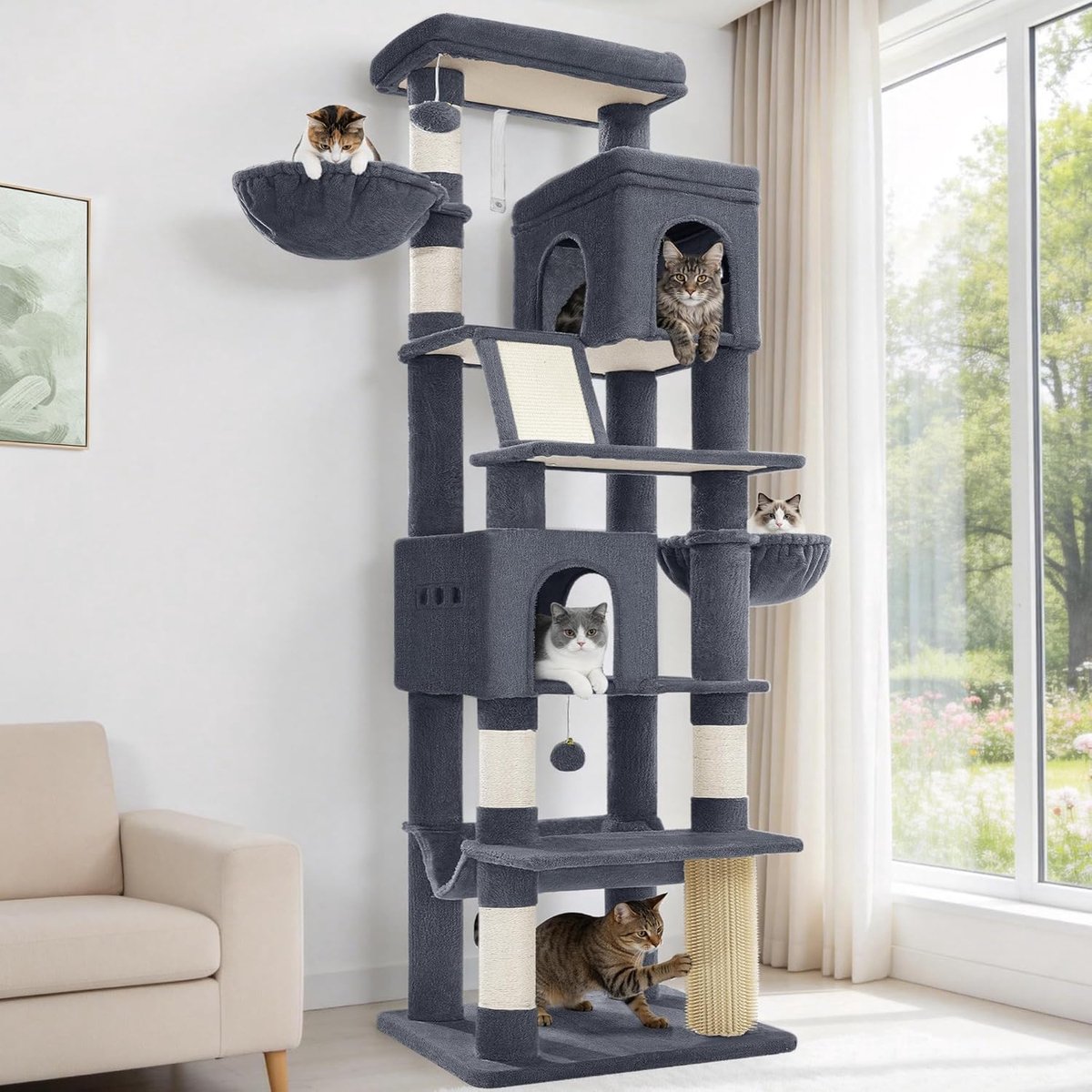 Hzuaneri krabpaal, XXL, 213 cm hoog, 2 platforms, donkergrijs, 2 holen, 5 krabpalen, een kattenmand, een hangmat, geschikt voor alle kattenrassen, inclusief Maine Coons.