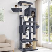 Hzuaneri krabpaal, XXL, 213 cm hoog, 2 platforms, donkergrijs, 2 holen, 5 krabpalen, een kattenmand, een hangmat, geschikt voor alle kattenrassen, inclusief Maine Coons.