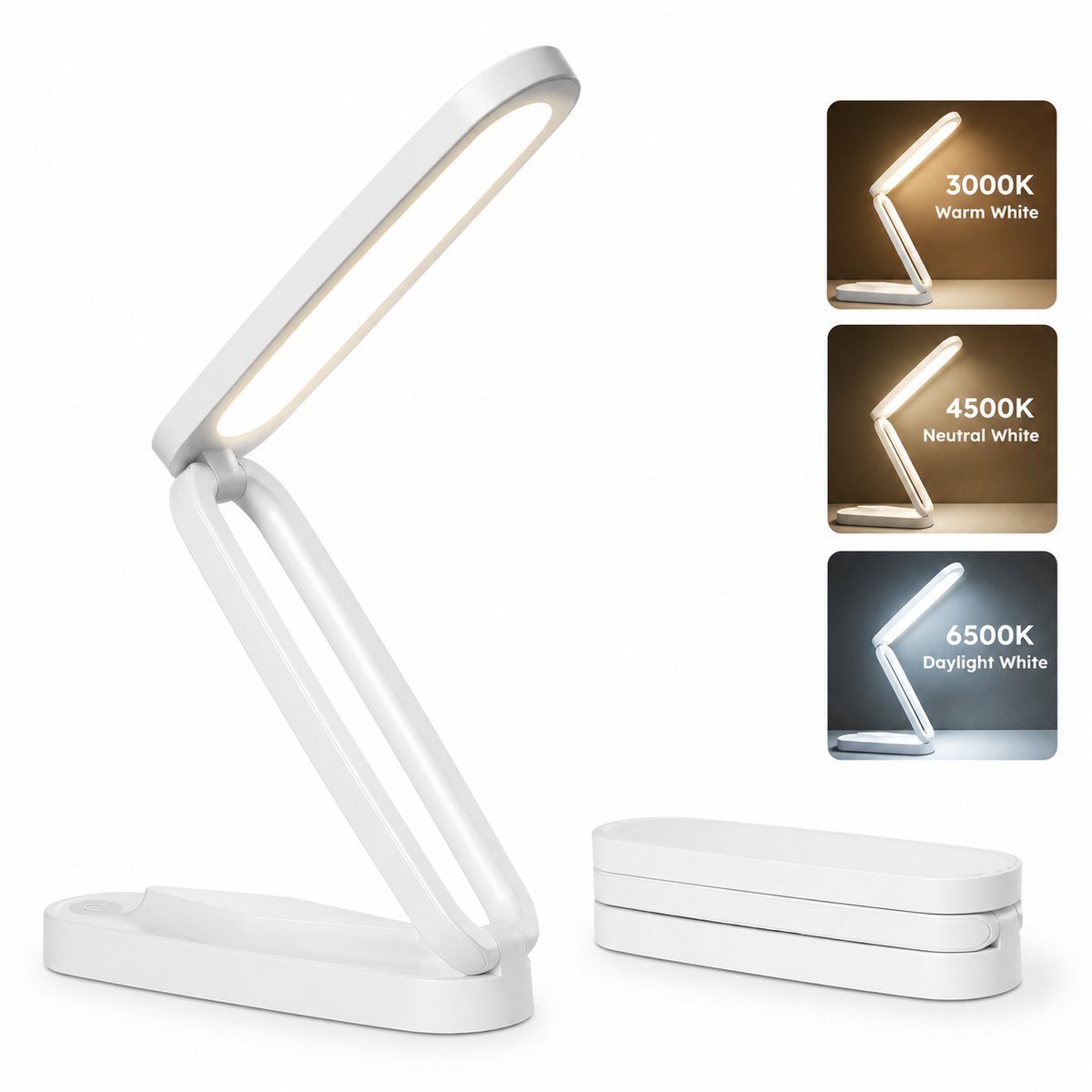 Bobypet - Opvouwbare Draadloze LED Bureaulamp met Accu - Oplaadbare Leeslamp met 3 Lichtstanden en Dimbare Functie - Draagbare USB C Tafellamp voor Studie, Kantoor, Reizen en Nagels - Wit
