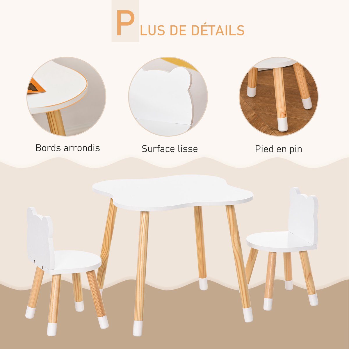 Set tafel en stoelen voor kinderen, Scandinavisch design, grenenhout, wit | Beermotief, MDF