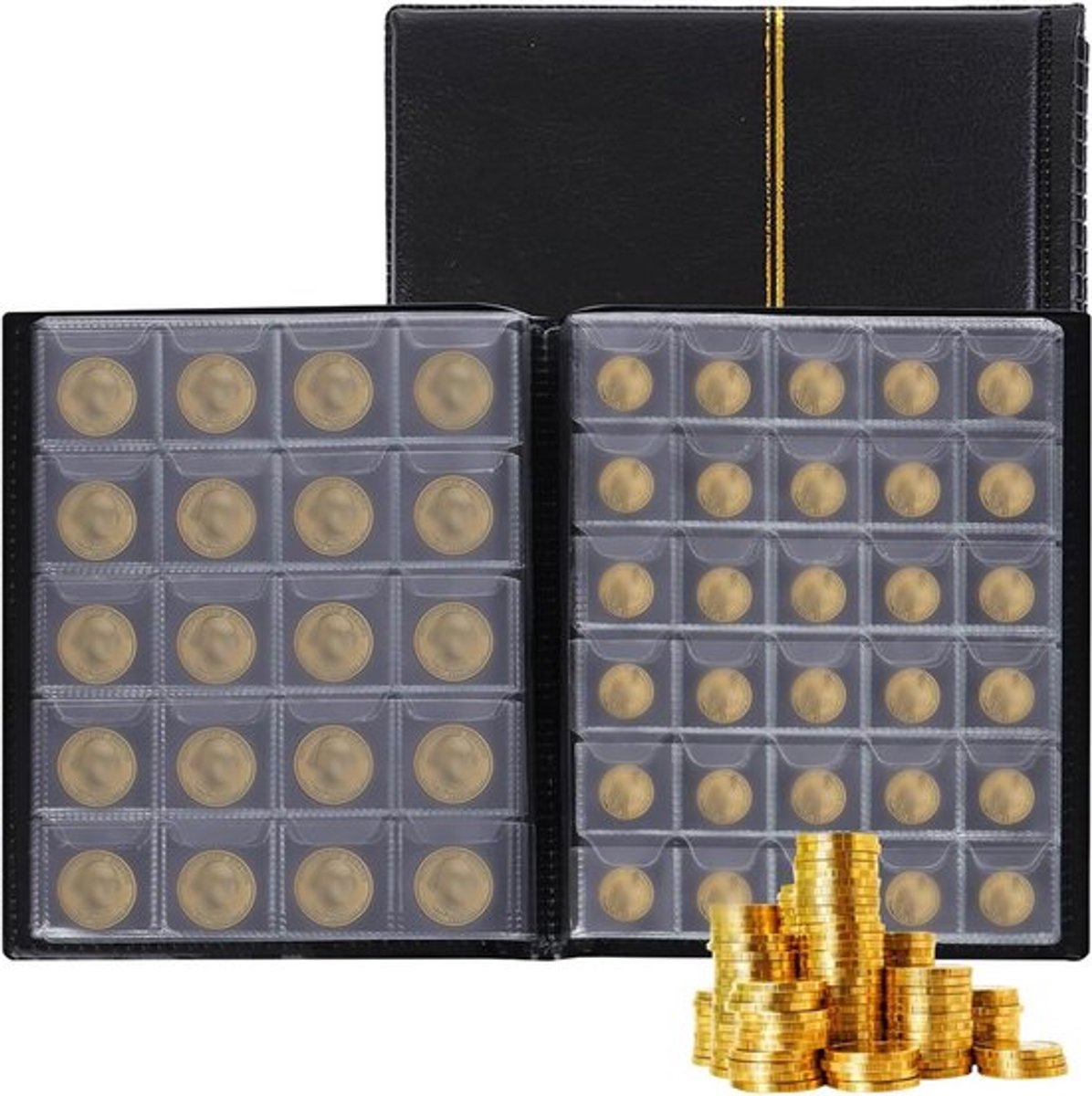 Muntalbum met 250 compartimenten, 21,8 x 16,7 cm, voor muntenverzameling, 10 pagina's, leer, bewaarboek voor munten, postzegels en medailles