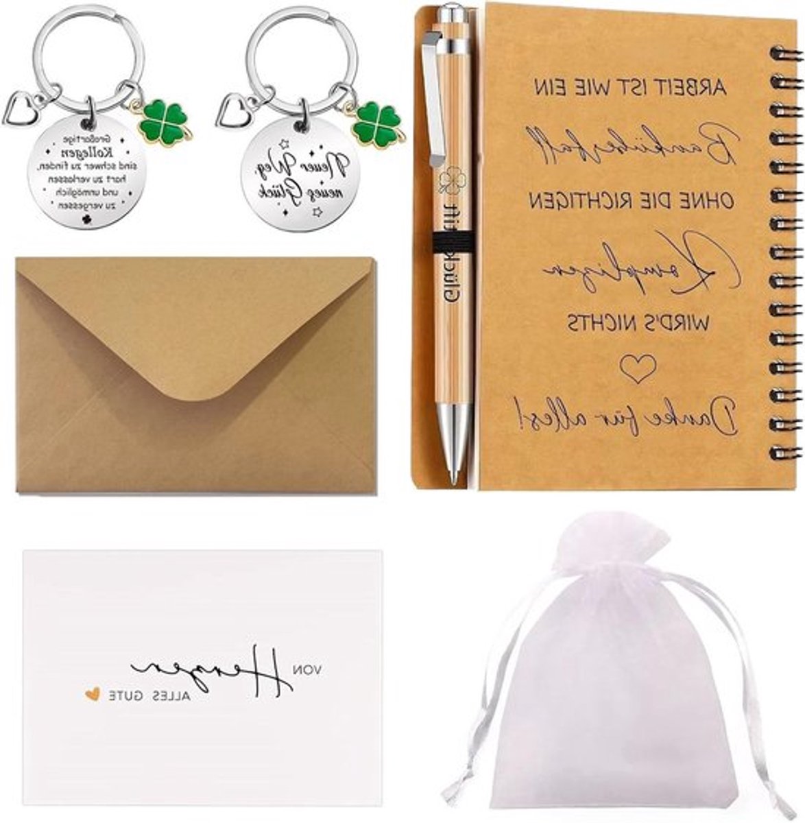 Ideale afscheidscadeauset voor collega's – Inclusief notitieboek, pen, envelop, kaart, sleutelhanger en cadeauzak – Perfect voor op kantoor, school of als persoonlijk gebaar