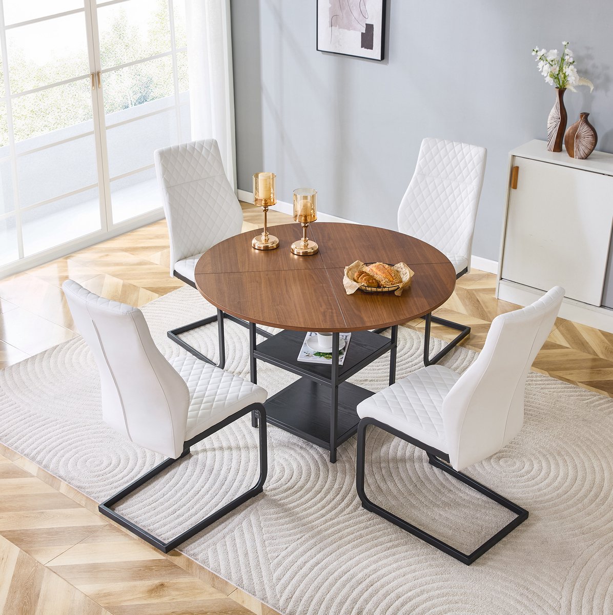 REDOM- Set tafel en stoelen - Ronde eettafel 107 cm met dubbele opbergniveaus - Industrieel - Met 4 stoelen - MDF en metaal - Walnoot, Wit en Zwart - 107 x 107 x 75 cm