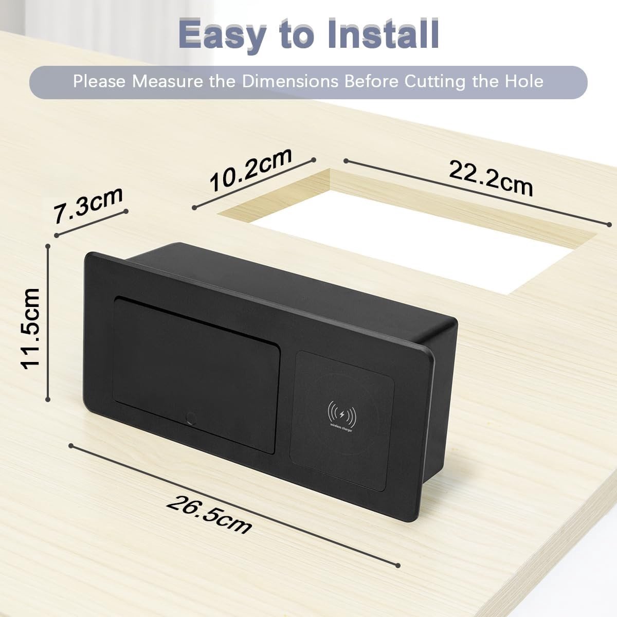 Verborgen stekkerdoos - Zwart - 26,5 x 11,5 x 7,36 cm - Inbouwstopcontact met USB A + USB C en Draadloos Opladen - Voor Thuis en Kantoor