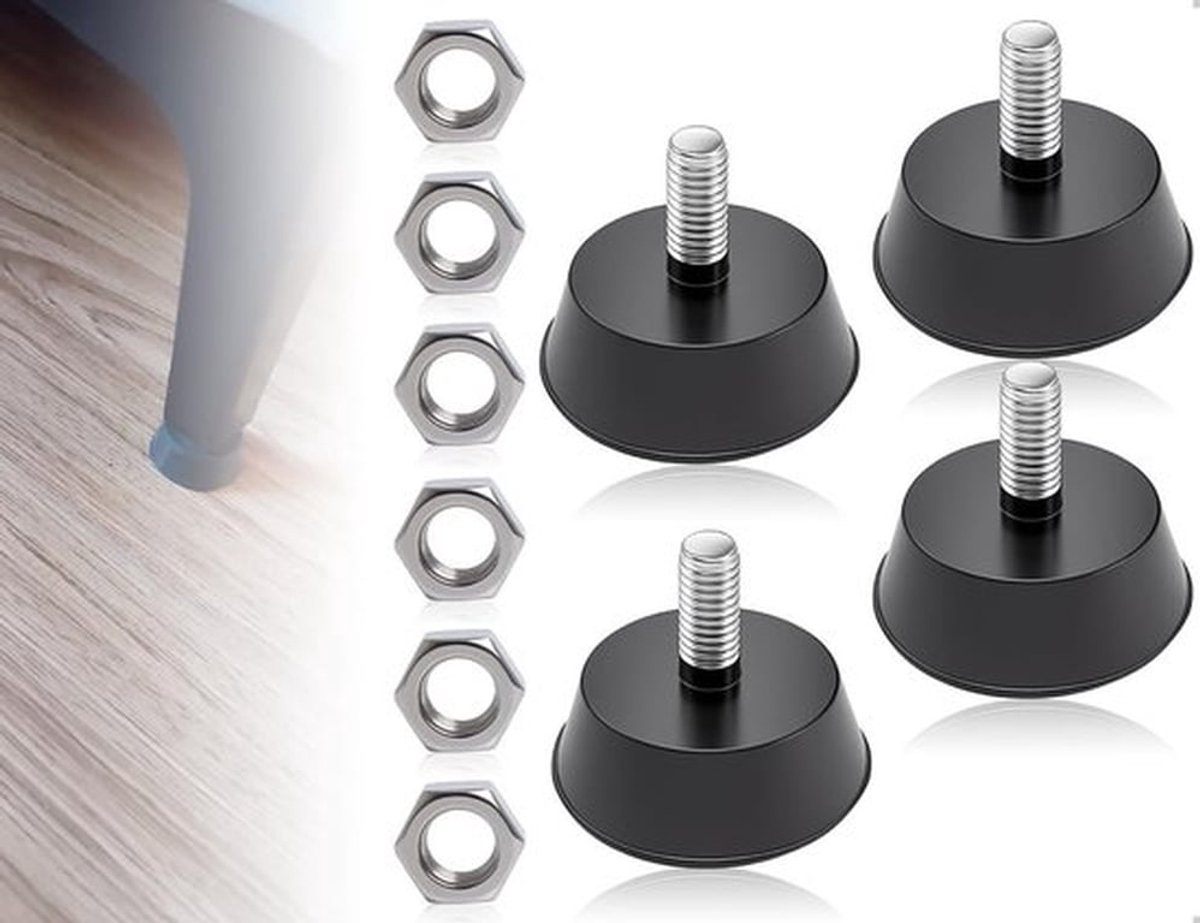 Set van 10 Schroefbare Rubber Voeten met Moeren voor Meubels - Verstelbare Antislip Geluidsdempende Poten voor Kasten, Tafels en Stoelen (Zwart)