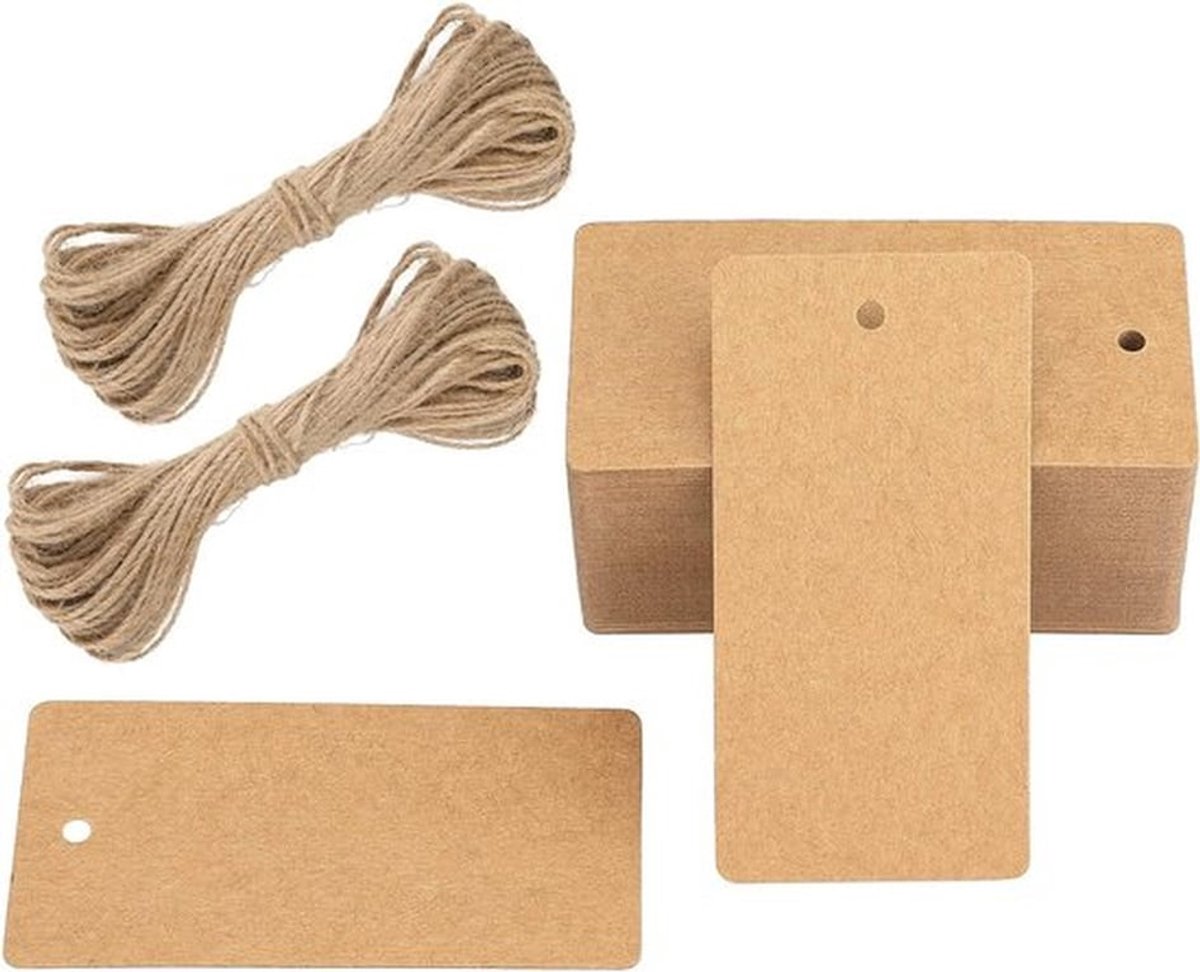 Handgemaakte Papieren Bagagetags, 100 Stuks van 4.5cm x 9cm met 30m Jute Touw, Bruin en Duurzaam voor Reizen en Organisatie
