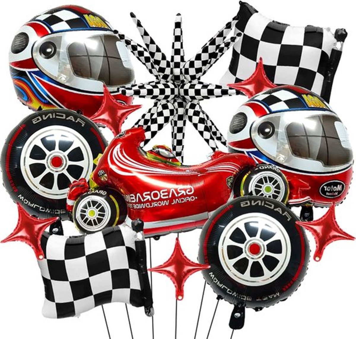 Set van 13 Racing Thema Folie Ballonnen met Raceauto's en Vlaggen voor Motorsport Feestdecoratie