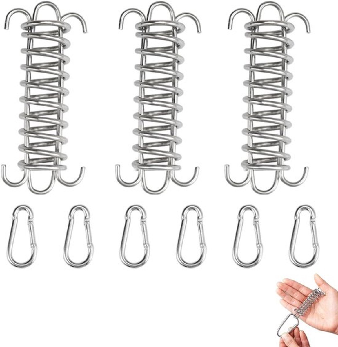 3-delige spanband set met 6 haken, voor zonnescherm bevestiging, tenten en luifels, herbruikbaar en duurzaam, met dubbele gesp en spanning veren