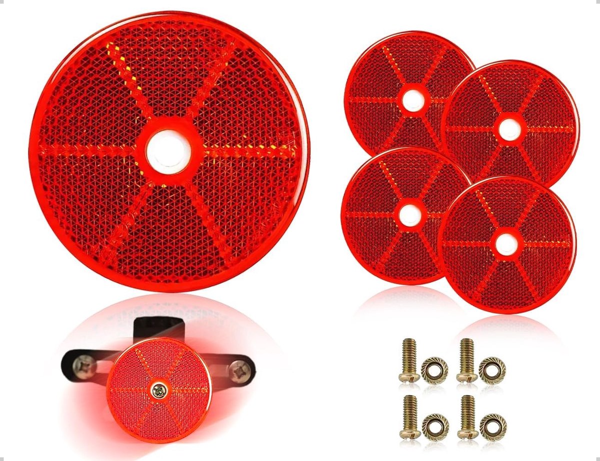 Optimaliseer de titel van het product: Reflectoren Set van 4 met Kattenogen - Rode Ronde Reflectoren voor Tunnel, Brug, Voertuigen - Inclusief Schroeven en Moeren. Gebruik in Auto's, Vrachtwagens, Caravans en Tractoren.