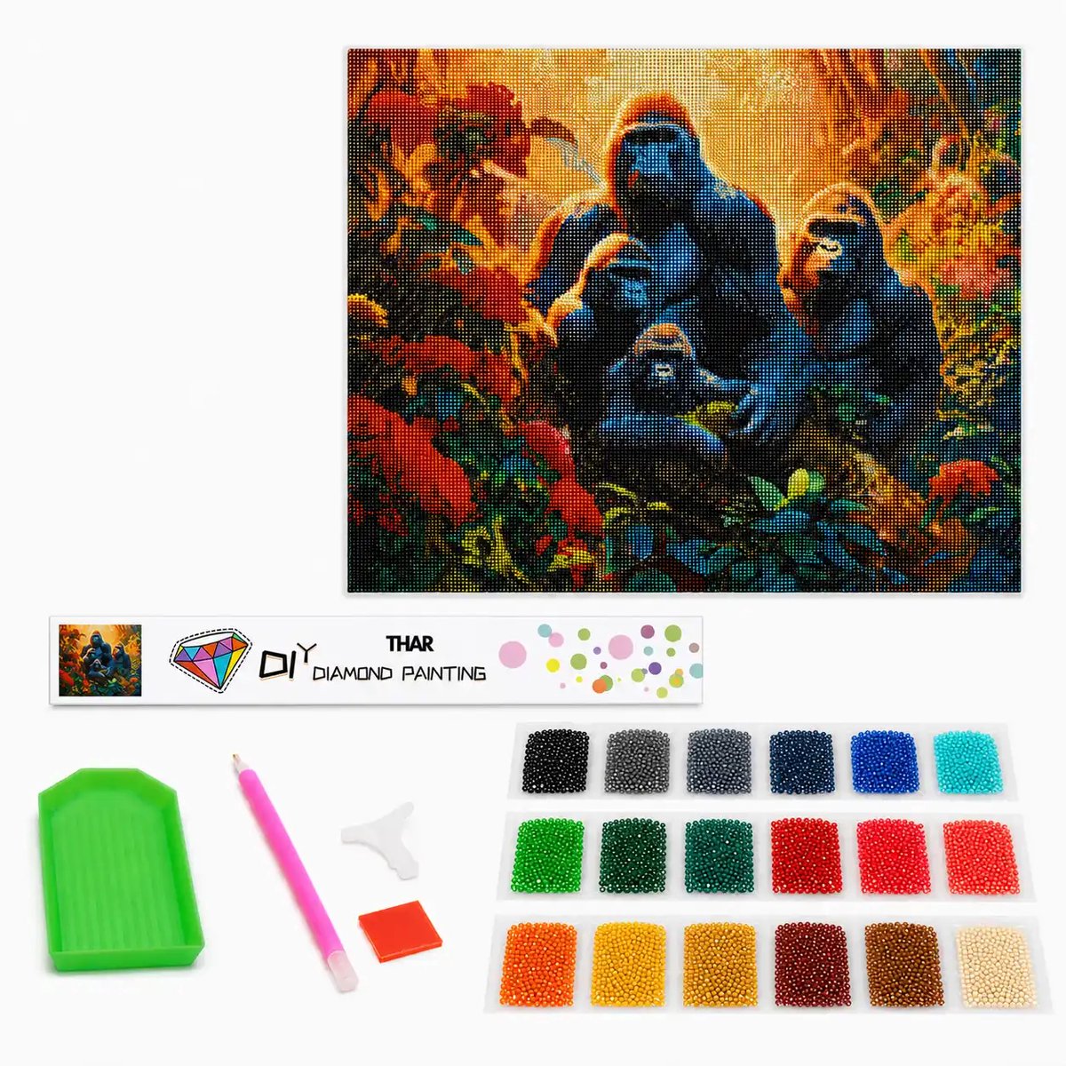 THAR Diamond Painting Gorillafamilie 40x50 cm - Ronde Steentjes