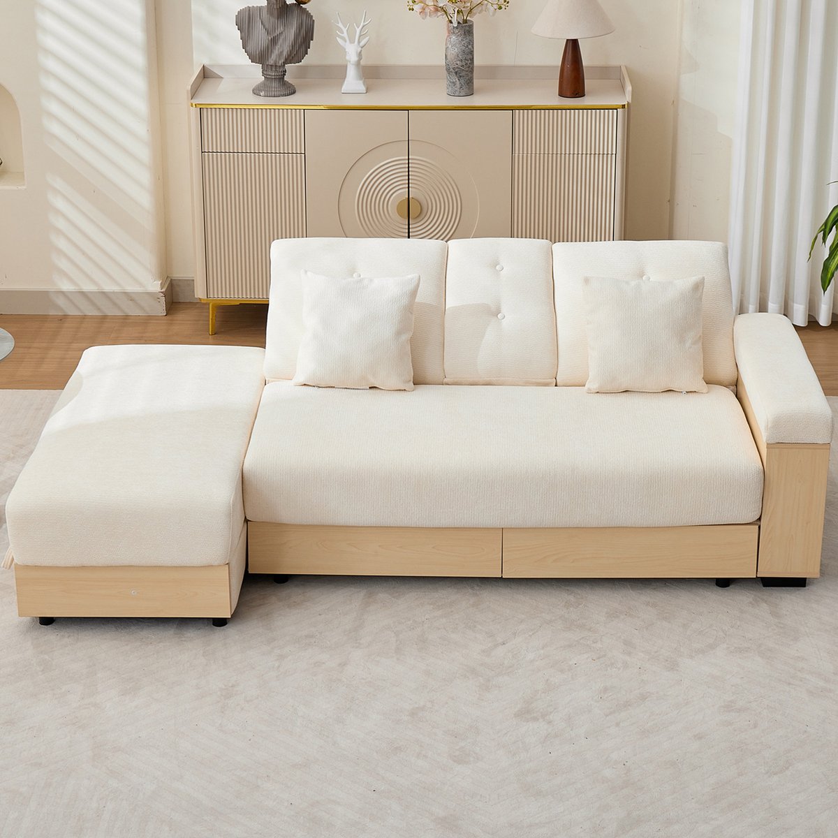 Sofa - 3-Zits Woonlandschap met Verstelbare Rugleuning (3 Standen), Slaapbank met Lades, Opbergpoef & Drinkhouder - 217x110x90 cm - Voor Woonkamer - Beige